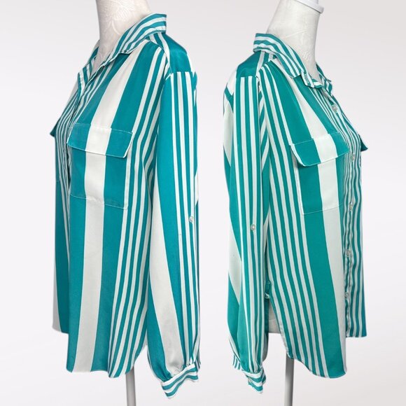 Vintage Striped Button Up Blouse Long Sleeve Silky Size Medium - Picture 4 of 10